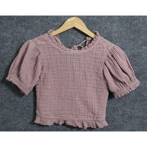 Free People Shirt Women Small Mauve BOHO Short Sleeve Puff Crop Bohemian Top